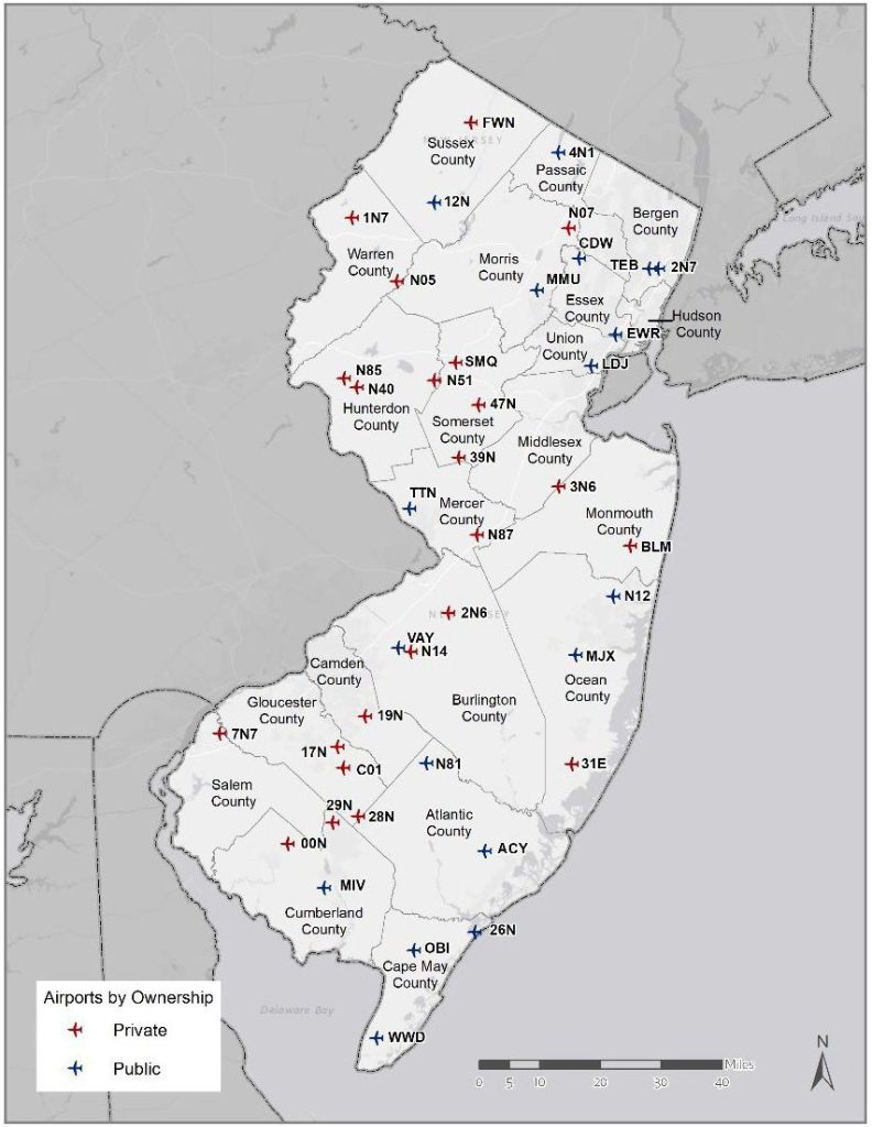 Map of public use airports in New Jersey.