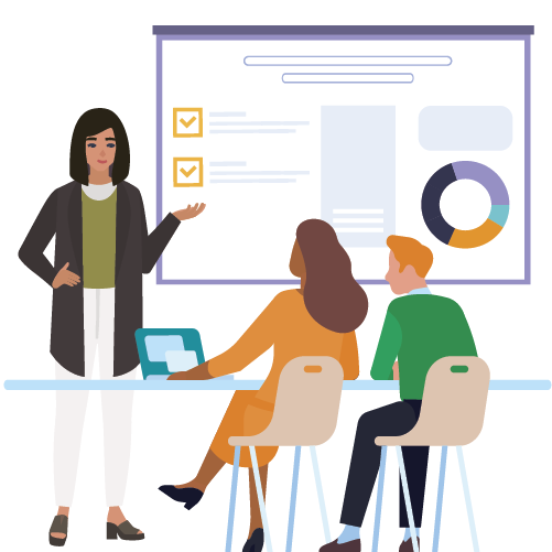 Women presenting information to two people