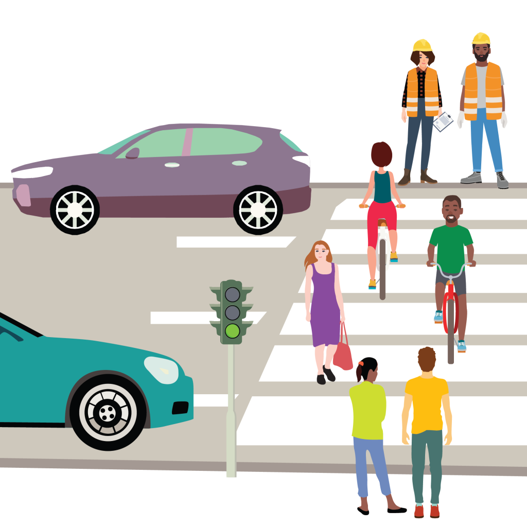 People walking across a crosswalk