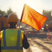 construction worker holding orange flag