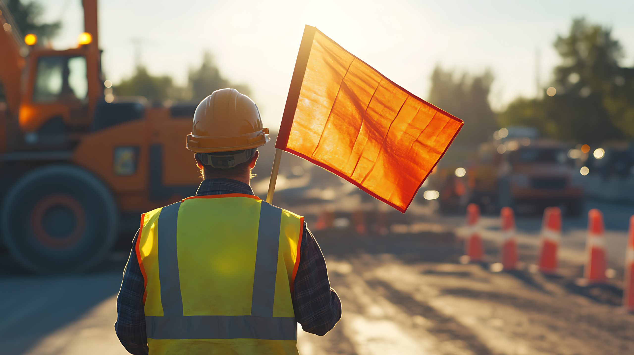 construction worker holding orange flag