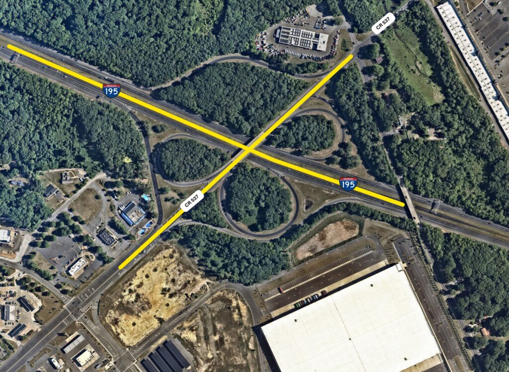 Map of Route 195 Interchange Study Area, intersection of I195 and CR537