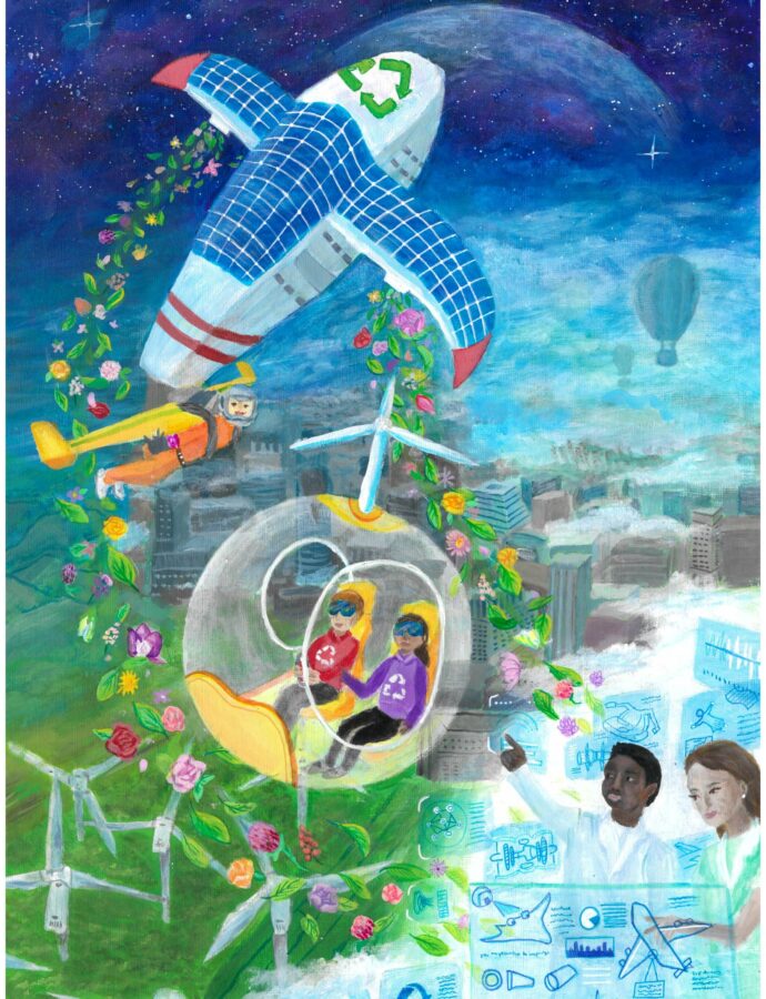 A futuristic drawing of two people flying in a bubble plane, a person attached to a flying airplane, and an airplane with flowers flowing from the wing.